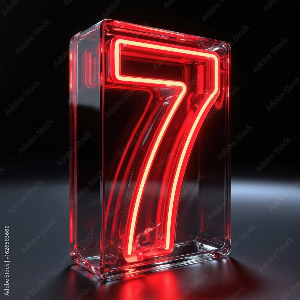 Poster bright red neon number 7 design on transparent box in dark background. digital illustration of 3d ob