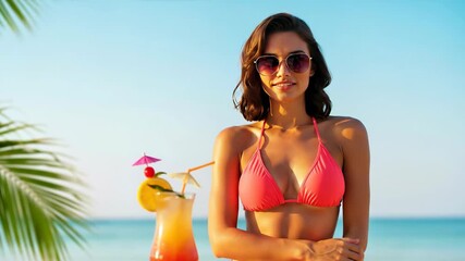 Smiling woman in a pink bikini on a sunny beach with a tropical cocktail. Summer vacation and relaxation concept for travel, resort or holiday promotions and lifestyle - Powered by Adobe