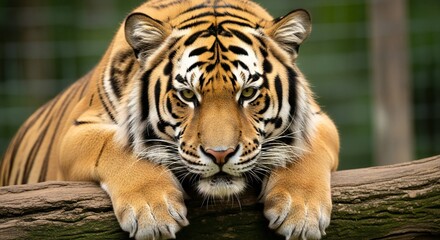 Fototapeta premium Close up of a tiger resting its head on a log with a blurred green background in the distance