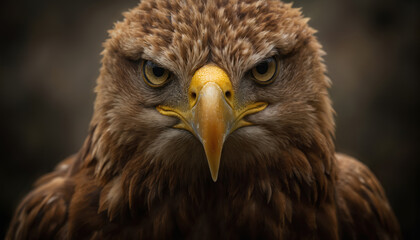 Obraz premium Close-up of majestic eagle in monochrome colors. Prominent yellow beak, black eyes, strong feathers. Wings spread wide, symbol of flight, freedom, power. Eagle body angled towards left, dominant