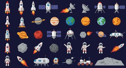 Flat Design Space Exploration Icons: Rockets, Planets, Astronauts, Satellites, and Lunar Modules.