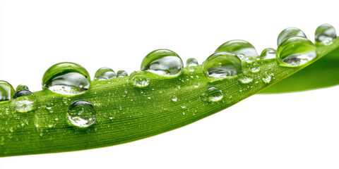 Dew Drops on Leaf, Macro shot of crystal-clear dew drops clinging to the surface of a fresh, vibrant green leaf, reflecting light and amplifying the green hue. on white background.