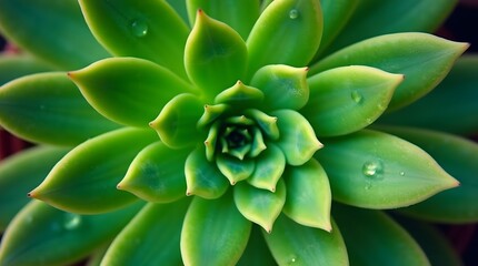 Top-down macro view of a vibrant green succulent plant with water droplets on its leaves. A beautiful symmetrical pattern of nature and freshness.