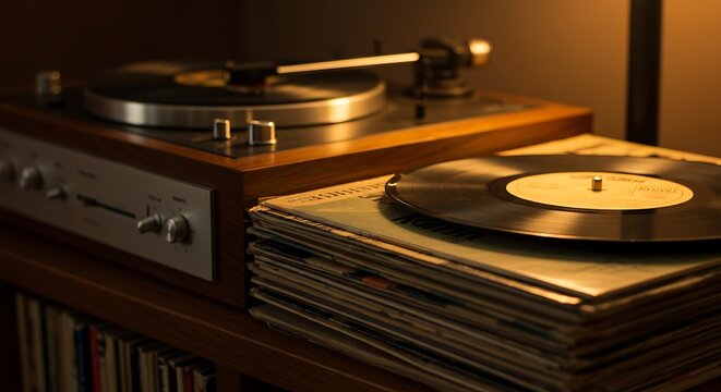 Warm-lit Vintage Turntable with Stack of Vinyl Records, Retro Music Listening, Nostalgia Concept
