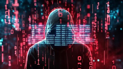A hooded hacker figure stands in the dark with red binary code illuminating the surroundings in a tech inspired atmosphere - Powered by Adobe
