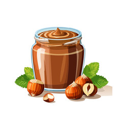 Hazelnut chocolate spread illustration. Jar of creamy dessert with nuts and mint leaves. Sweet food concept for product design.