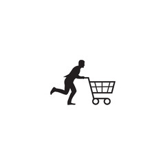 Man pushing shopping cart silhouette vector illustration quick purchase black and white design