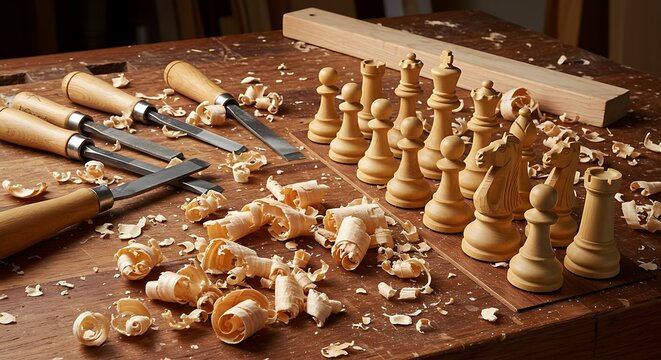 Hand-carved chess pieces and wood carving tools on a rustic workbench, showcasing craftsmanship and artistry.