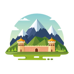 Scenic landscape illustration with ancient walled fortress, mountains, and green hills under cloudy sky in flat design.