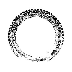 Grunge circle tire track, wheel braking mark. Truck, car or motorcycle tread pattern silhouettes. Auto race, motorsport, speed racing design element. Vector illustration