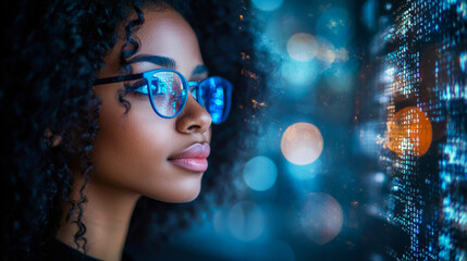 Woman with glasses observing digital city lights and data visualization at night
