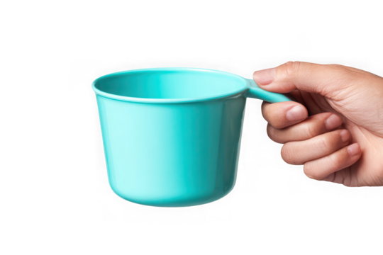 Hand holding a light teal plastic mug. - Powered by Adobe