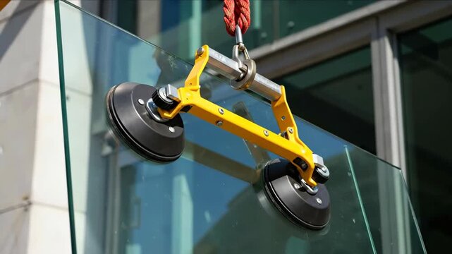 Yellow glass lifting equipment with suction cups moving large window panel. Construction tool for glazing installation and building maintenance services