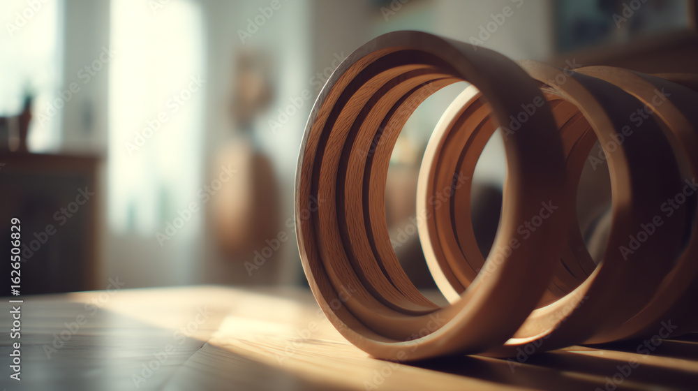 Poster wooden rings arranged in a row on a smooth surface with soft natural light creating shadows and a wa