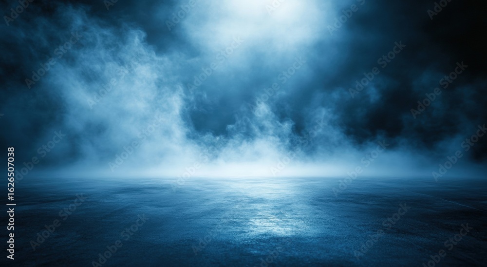 Poster a misty blue scene with swirling fog and reflective surfaces, creating a mysterious and atmospheric 