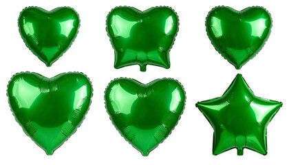 Obraz premium Emerald Green Foil Balloons: Hearts and Star Floating on White Background