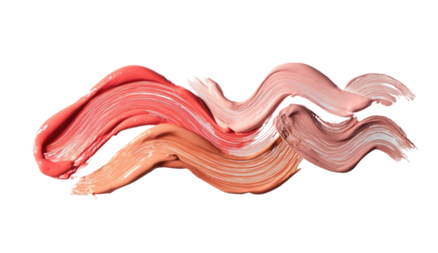 Abstract beauty product swatches.  Soft, flowing strokes of various shades of coral, peach, and beige liquid makeup