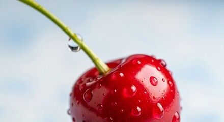 Close up of a red cherry with water droplets on a green stem against a blue and white background