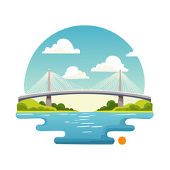 Cable stayed bridge spanning water with green banks cartoon illustration