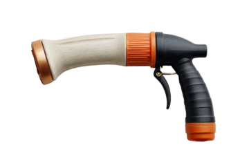 A garden spray nozzle, light beige/cream colored,  with an orange and black grip.  It has a flared, slightly curved hose connection