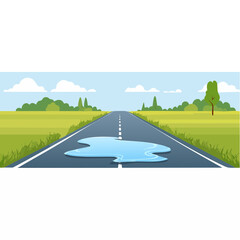 Rural Road with Puddle Landscape Flat Vector Illustration Summer Open Road Scenery