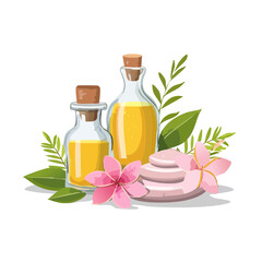 Spa Still Life with Essential Oils, Stones and Flowers in Relaxing Composition