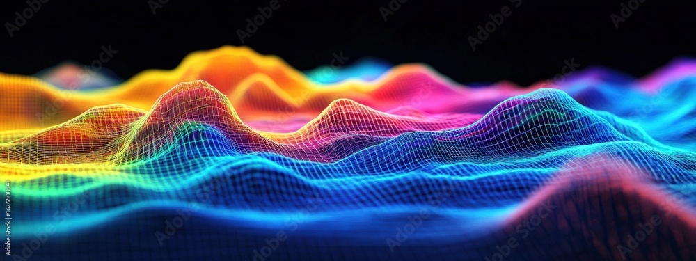 Poster a vibrant, colorful digital landscape showcasing intricate wave patterns with a mesh-like structure 
