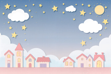 A dreamy cartoon sky filled with puffy clouds, golden stars, and a flying car