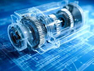 Digital blueprint of a mechanical gear system in a futuristic industrial design