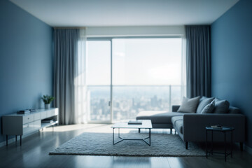 A light-drenched living room dressed in soft blue and warm wood