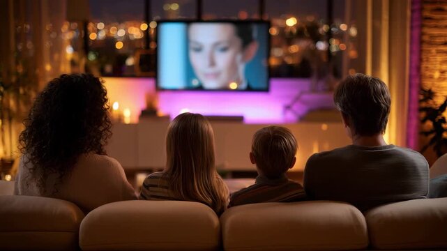 A family gathers in their modern living room to watch a movie together while city lights twinkle outside their window at night
