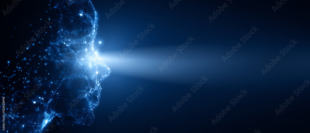 Poster digital wireframe human face glowing in blue light, projecting a beam forward, symbolizing futuristi