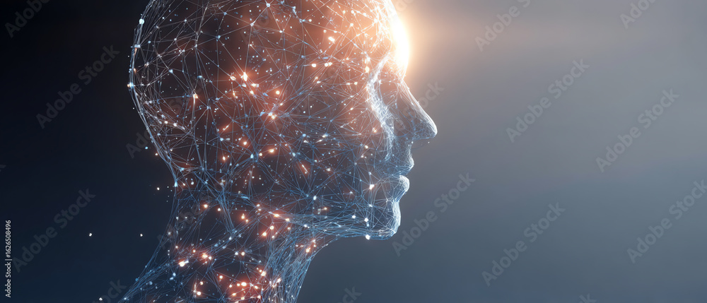 Poster digital human head composed of interconnected nodes and glowing points, symbolizing artificial intel