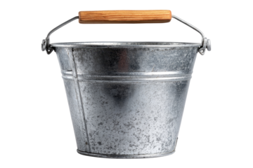 Small, galvanized metal bucket with wooden handle