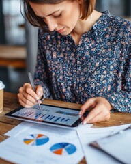 Woman Analyzing Data Using Tablet and Pen for Business Strategy. MZ 