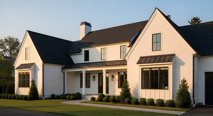 Obraz premium Modern Farmhouse Exterior at Golden Hour with Lush Greenery and Pathway