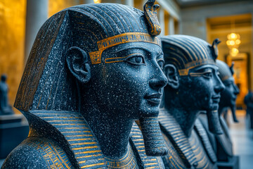 Ancient Egyptian pharaoh statues with intricate gold detailing and cosmic stone textures