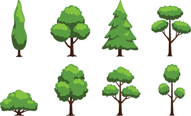 Cartoon Tree Clipart Set – Fun and Colorful Green Trees for Kids, Games, Educational Projects, Stickers, Nature-Themed Crafts, and Digital Design