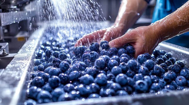 Hand sorting fresh blueberries under water rinse in a processing facility
