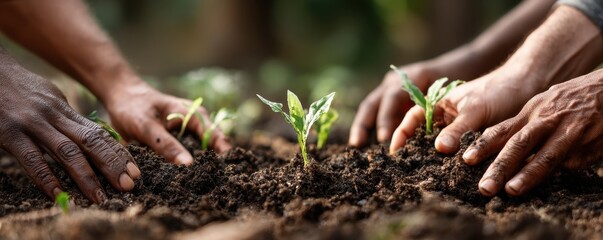 Planting New Tree Sprout Together with Diverse Hands in Fertile Soil. MZ tree, planting, hand, holding, dirtied, ground, growing, young, germinating, together, group, support, close-up, day, green, br