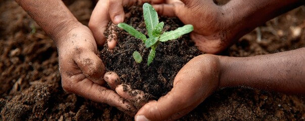 Planting New Tree Sprout Together with Diverse Hands in Fertile Soil. MZ tree, planting, hand, holding, dirtied, ground, growing, young, germinating, together, group, support, close-up, day, green, br