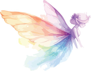 Whimsical watercolor fairy with translucent rainbow wings and delicate purple hair