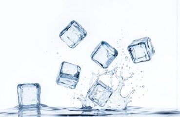 Close-up of six unique ice cubes in various stages of melting. Solid ice floating on water with droplets on white background. Ice cube shapes and colors differ. Water droplet forms at top left.