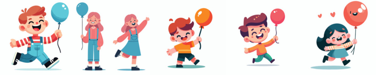 Cute Cartoon Kids Laughing and Holding Balloons – Fun Vector Children Character Set
