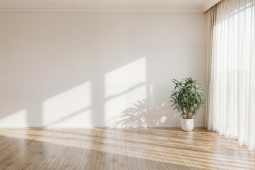 Fototapeta premium A sunlit wall, two quiet plants, and a floor that catches golden light