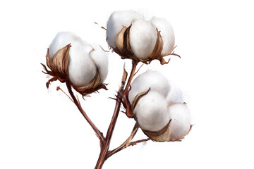 Cotton bolls on branches, isolated on white transparent background