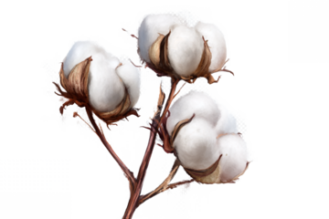 Cotton bolls on branches, isolated on white transparent background
