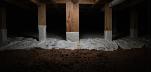 Dark basement crawlspace with wooden support beams covered in white insulation vapor barrier. Three triangular wooden pillars in dirt floor, leaning towards viewer.
