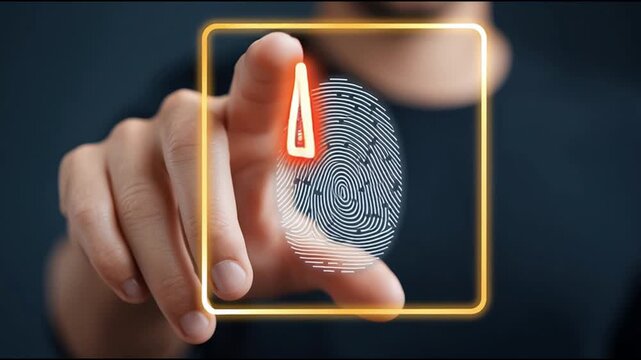 Finger pointing at glowing digital warning symbol signals critical security alert, exposing system risk through biometric identification failure and access denial