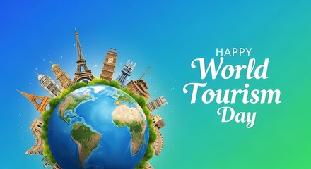Celebrating world tourism day with iconic landmarks and earth globe for global travel awareness